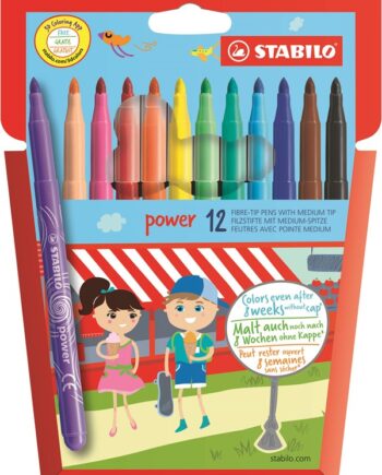 STABILO  Power fiber pen  sæt med 12 penne. Vaskbart blæk og kan ligge uden hætte i 8 uger