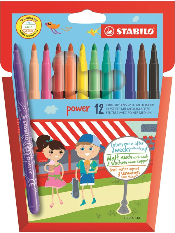 STABILO Power fiber pen sæt med 12 penne. Vaskbart blæk og kan ligge uden hætte i 8 uger