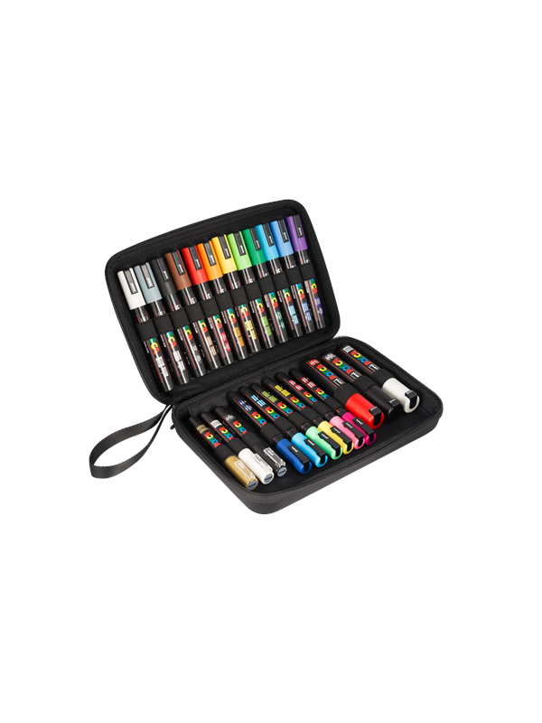 POSCA Gavekuffert, 24 stk. flere farver og stregbredder, Taske i gummi med lynlås