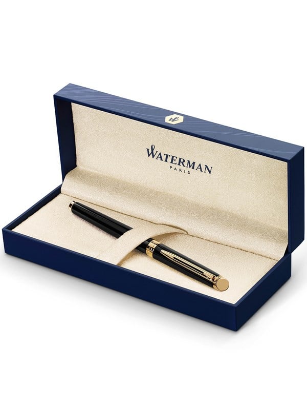 Waterman Hémisphère fyldepen | Mat sort med 23k guldkant | Mellem Nib | Blåt blæk | Gaveæske