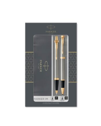 Parker IM Duo-gavesæt med kuglepen og rullekuglepen | Børstet metal med guldkant | Sort blækpåfyldning og patron | Gaveæske