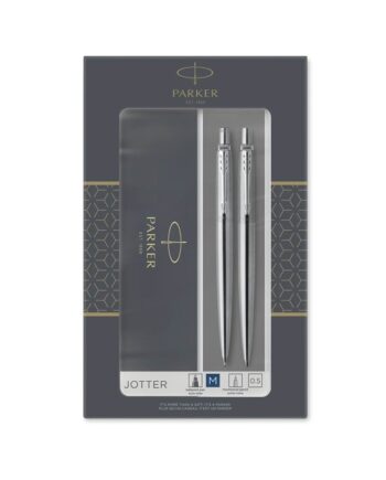 Parker Dobbelt  Jotter-gavesæt med kuglepen og stiftblyant (0,5 mm) | rustfrit stål med detaljer i krom | patron med blå blæk