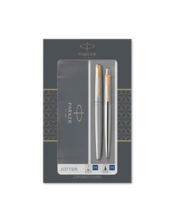 Parker Dobbelt  Jotter-gavesæt med kuglepen og fyldepen, rustfrit stål med detaljer i guld, patron med blå blæk og patroner, gaveæske