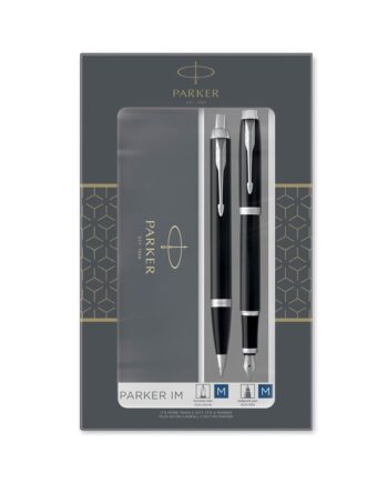 Parker IM dobbelt sæt med fyldepen og kuglepen med sort lak med detaljer i krom, medium spids med blå blæk, gavesæt