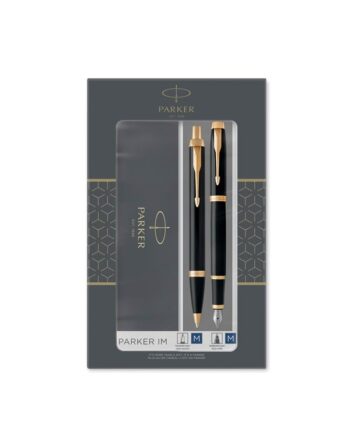 Parker IM dobbelt sæt med fyldepen og kuglepen med sort lak med detaljer i guld, medium spids med blå blæk, gavesæt