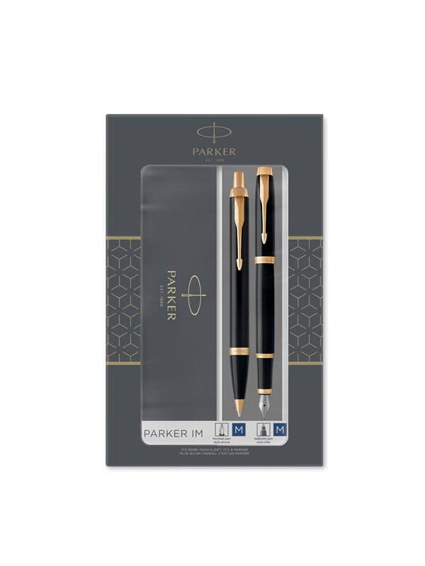 Parker IM dobbelt sæt med fyldepen og kuglepen med sort lak med detaljer i guld, medium spids med blå blæk, gavesæt