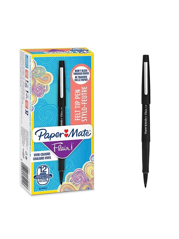 Paper Mate Flair Felt Tip Pens | Medium spids (0,7 mm) | Sort | 12 styk