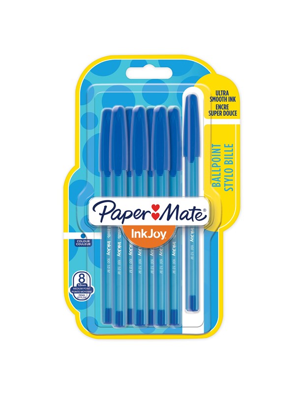Paper Mate InkJoy 100ST Capped Ballpoint Pens | Medium spids (1,0 mm) | Blå | 8 styk