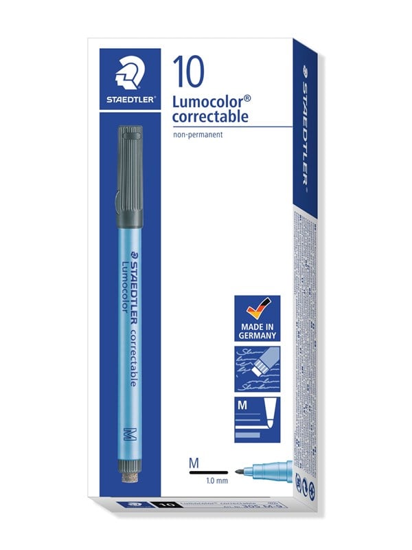 Staedtler LUMOCOLOR CORRECTABLE M 1,0mm SORT, ÆSKE 10 STK