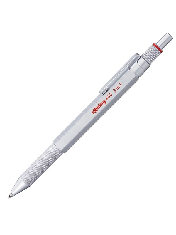 Rotring rOtring 600 3-i-1 Multifarve Pen og Mekanisk Blyant | Sort & Rød Kuglepensspidser | 1 Mekanisk Blyant Spids (0,5 mm) | Sølv skaft