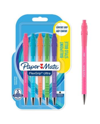Paper Mate FlexGrip Ultra Bright kuglepenne | Mellempunkt (1,0 mm) | Sort blæk | Lyse tønder | 5 Stk