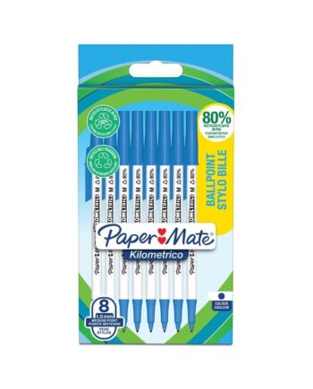 Paper Mate Kilometrico kuglepenne | Lang skrivning med mellempunkt (1,0 mm) | Blåt blæk | 80% genanvendt plast | 8 Stk