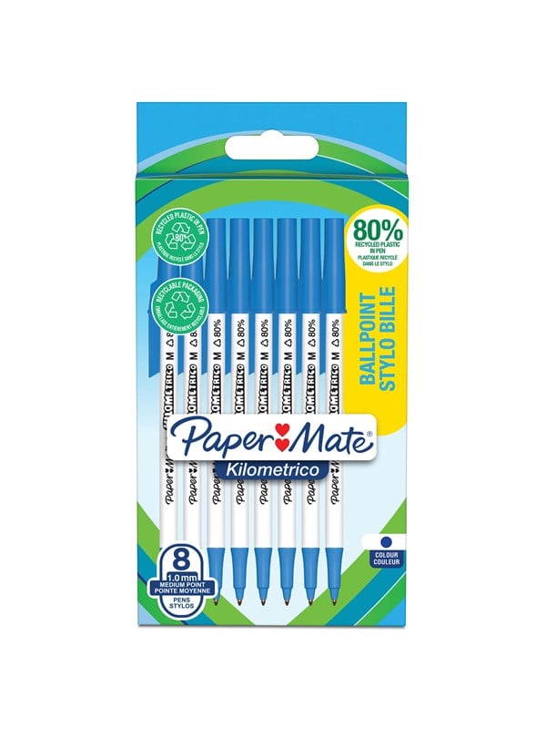 Paper Mate Kilometrico kuglepenne | Lang skrivning med mellempunkt (1,0 mm) | Blåt blæk | 80% genanvendt plast | 8 Stk