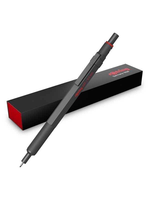 Rotring rOtring 600 Mekanisk Blyant | HB Bly, 0,5 mm | Metalkrop | Mørk Sten | Skridsikkert Rillet Greb & Sekskantet skaft