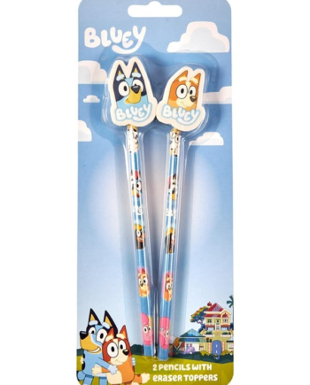 Euromic Bluey 2-pack pencils w/2 eraser toppers - triangular pencils unsharpened each with eraser topper packed on blistercard w/eurohole CE & 0-3 years pictogram