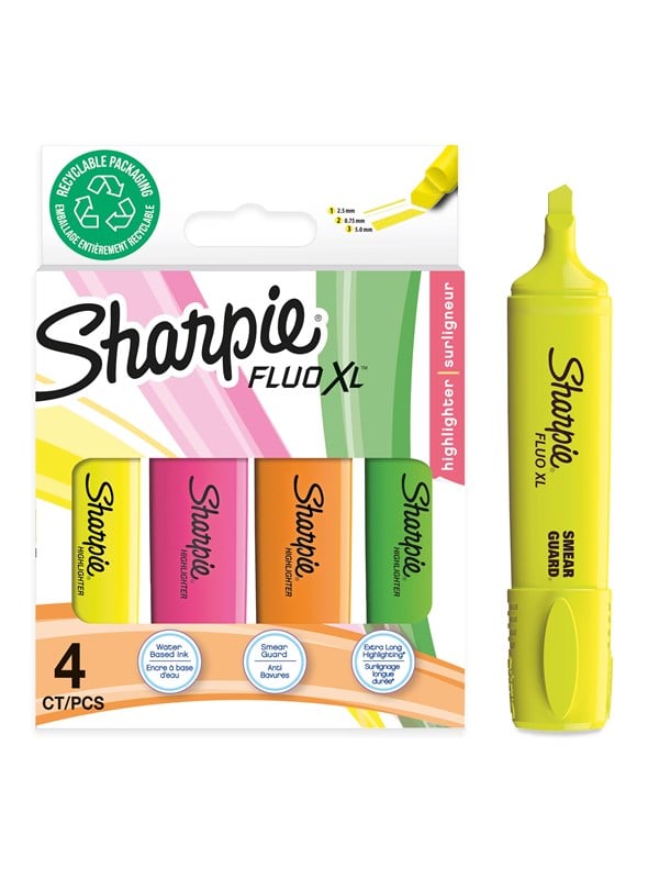 Sharpie Fluo XL Highlighters | Mejselspids | Forskellige fluorescerende farver | 4 stk